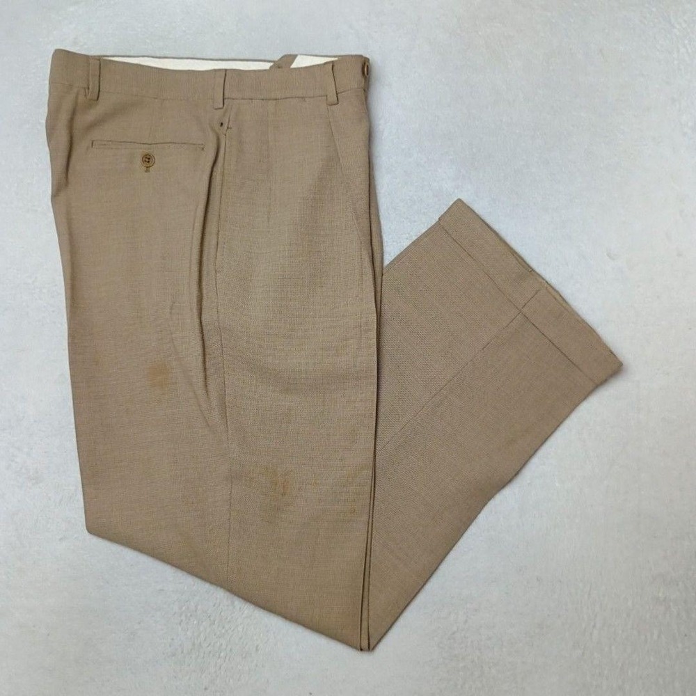 Giorgio Armani Pants Men 32x30 Beige Wool Tweed Dress Pleated Cuffed Italy